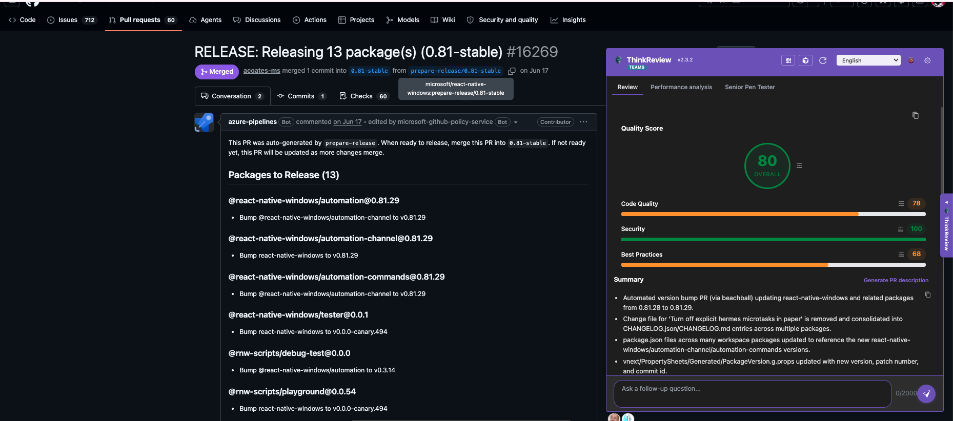 ThinkReview AI code review panel on a GitHub pull request showing quality score, security checks, and summary